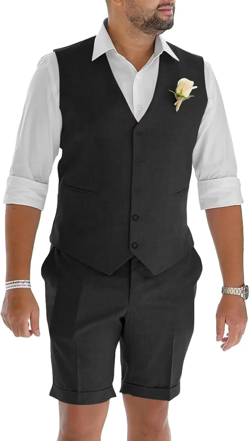 Mens Suits 2 Piece Casual Linen Suit for Men Retro Short Pants Suit Men Summer Beach Wedding Prom Vest Shorts Set