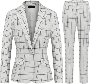 MODFUL Women's 2 Piece Business Plaid Suit Set Office One Button Slim Fit Blazer with Pant