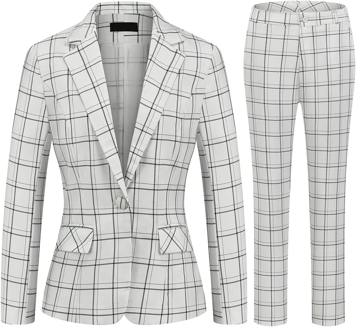 MODFUL Women's 2 Piece Business Plaid Suit Set Office One Button Slim Fit Blazer with Pant