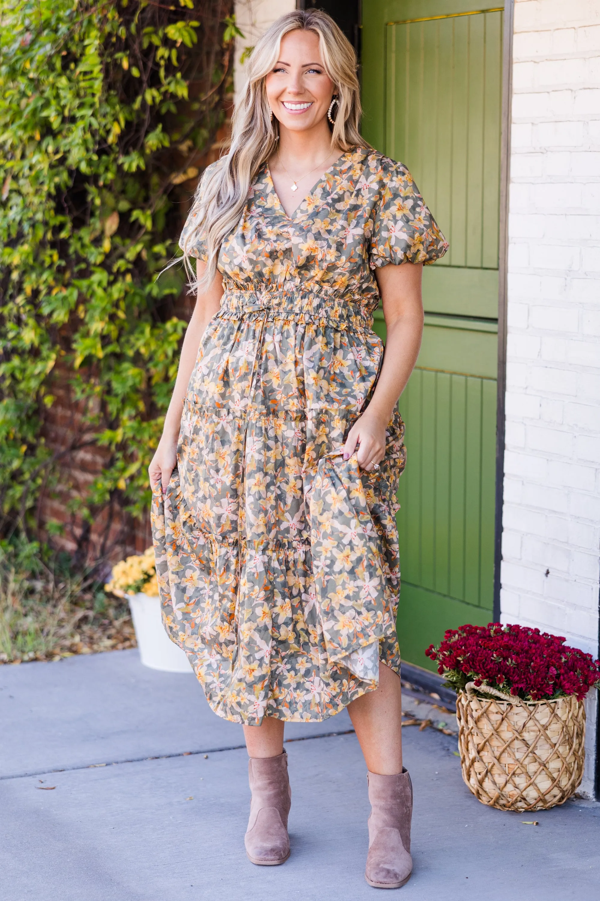 Muted Garden Midi Dress, Yellow