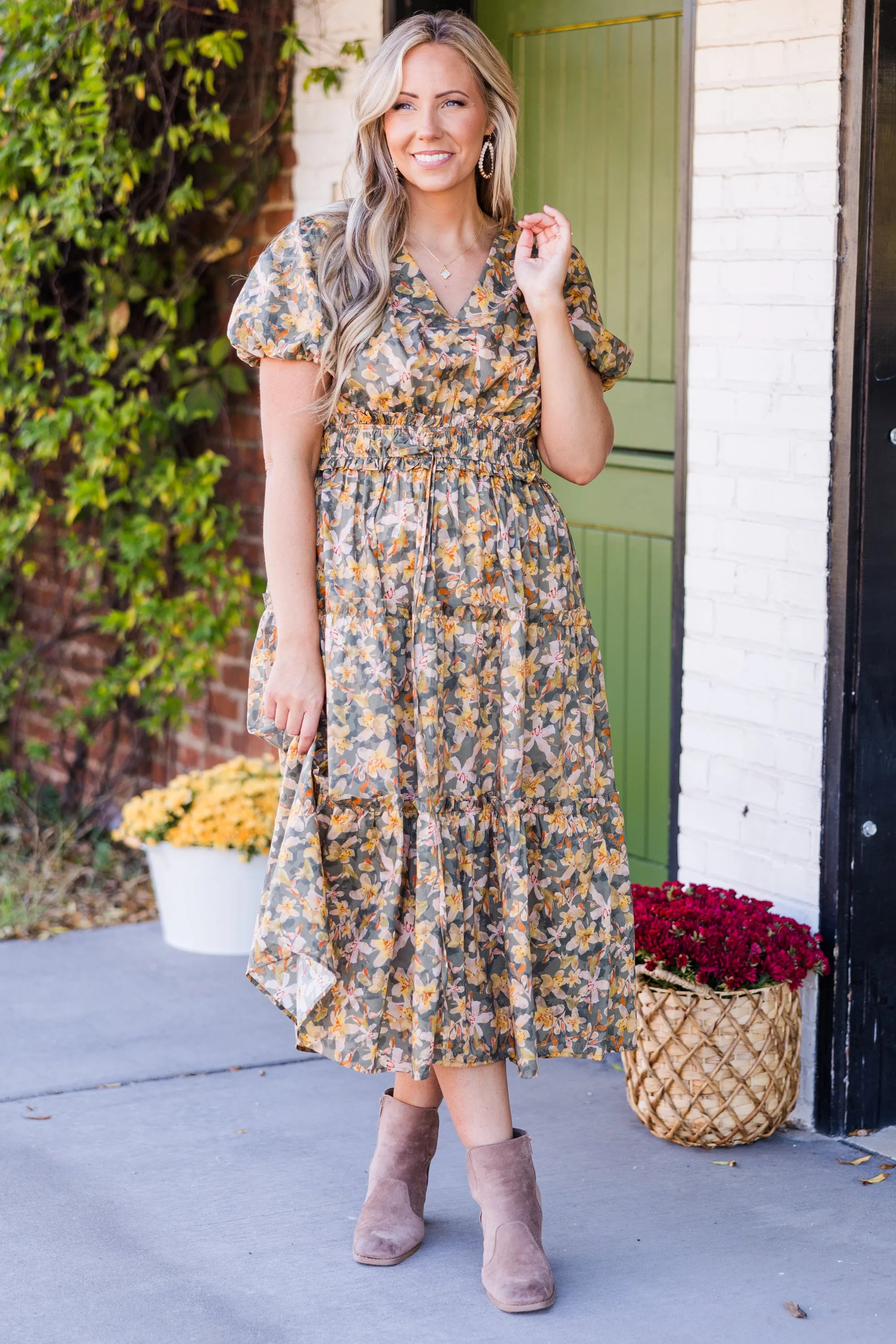 Muted Garden Midi Dress, Yellow