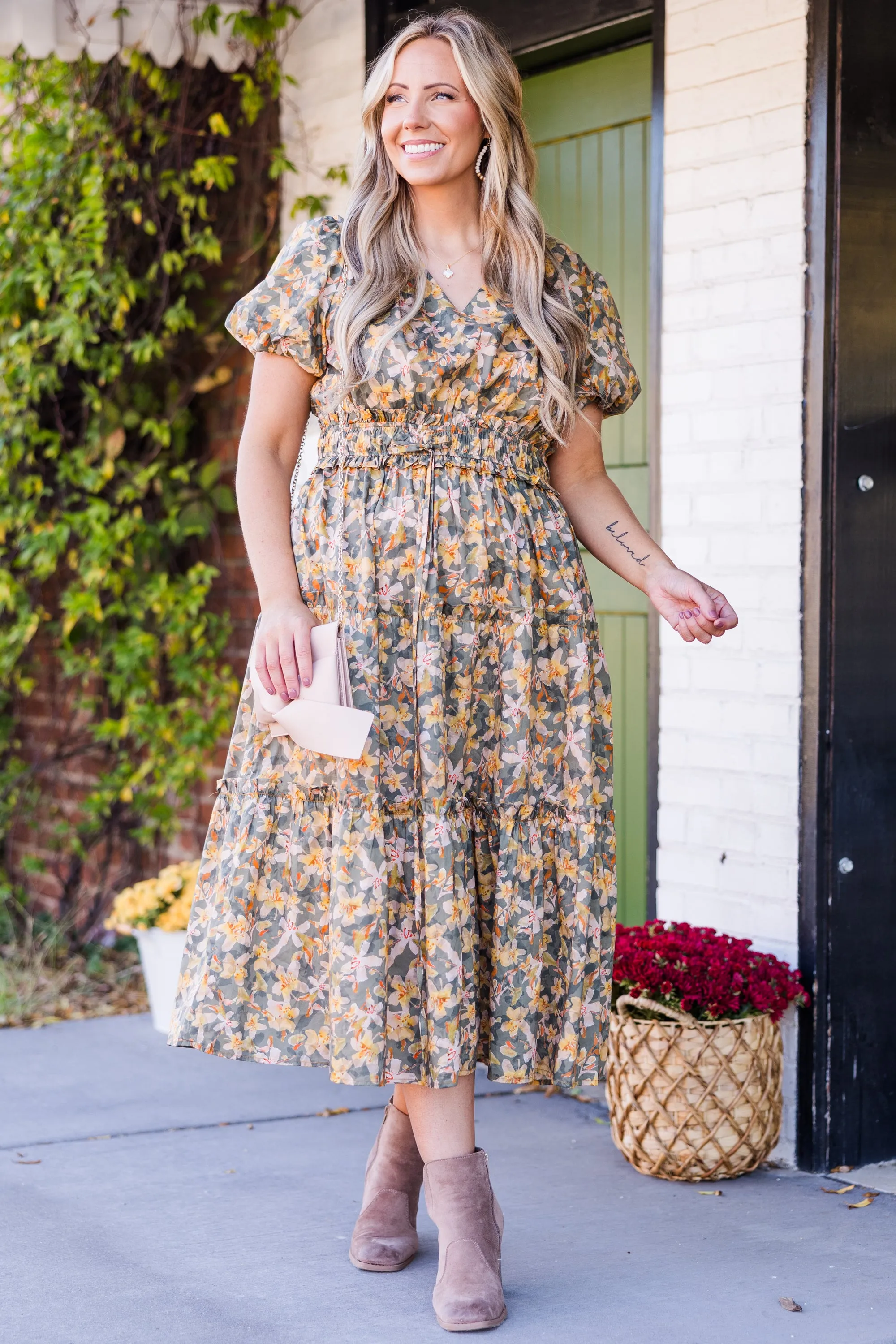 Muted Garden Midi Dress, Yellow