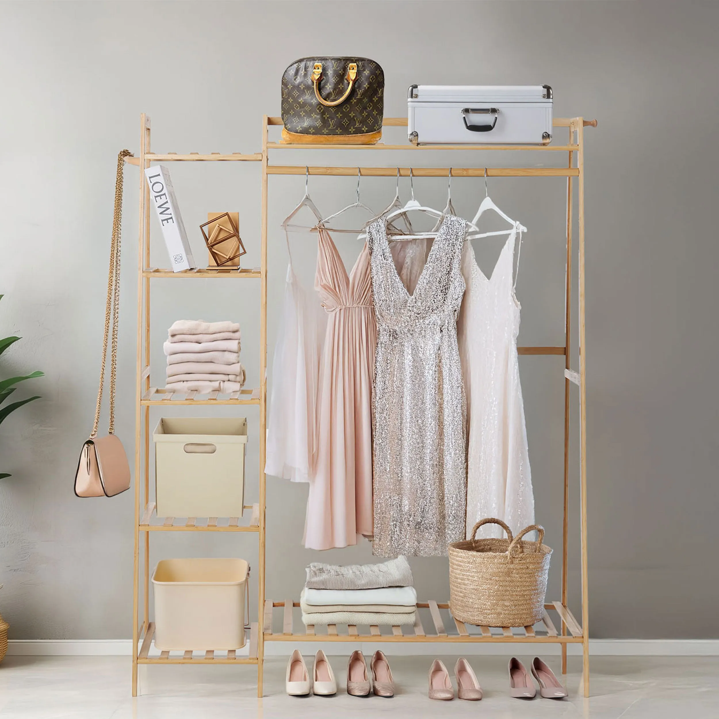 Neo Bamboo Rack Clothes with Storage Shelf Hanging Rail and Side Hooks