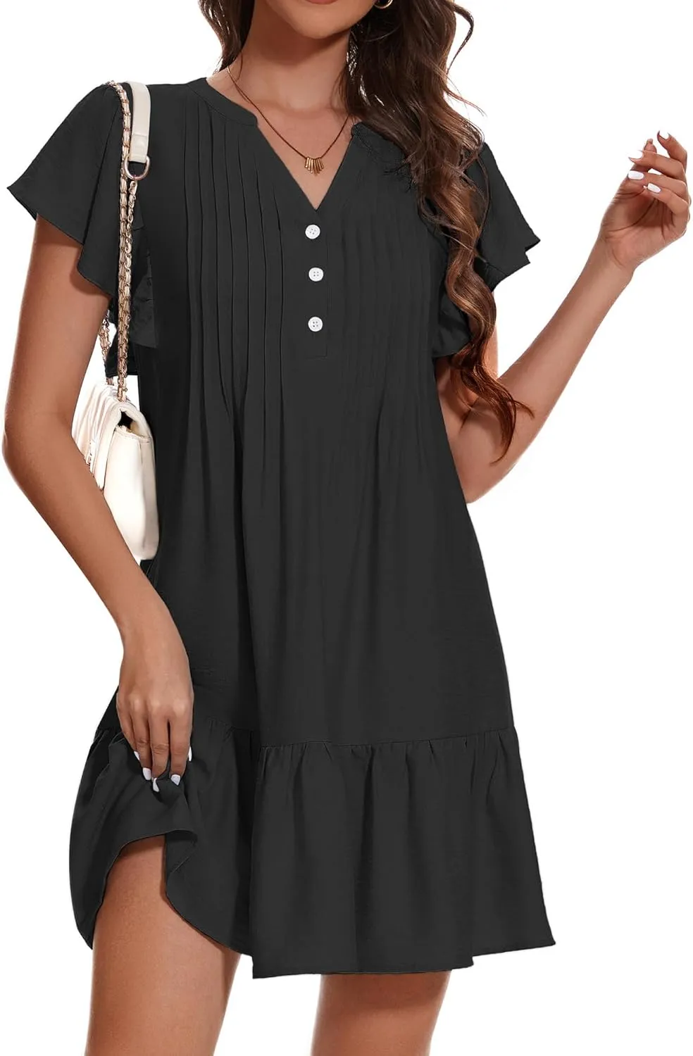 OURIN Womens Summer Dresses 2025 V Neck Button Down Ruffle Short Sleeve Pleated Shift Dress Mini Sundress
