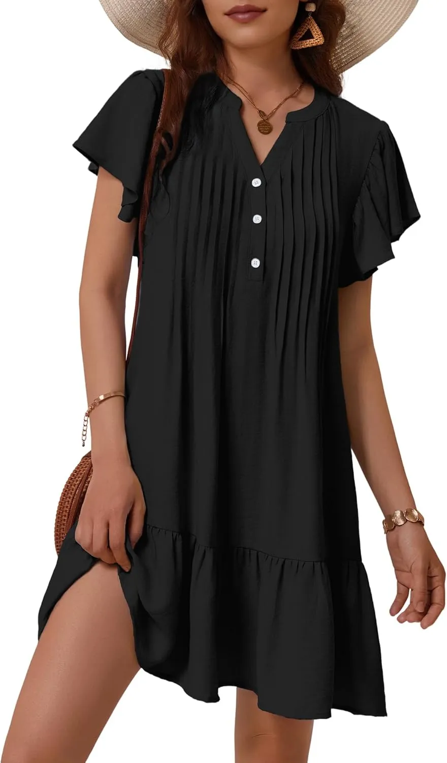 OURIN Womens Summer Dresses 2025 V Neck Button Down Ruffle Short Sleeve Pleated Shift Dress Mini Sundress