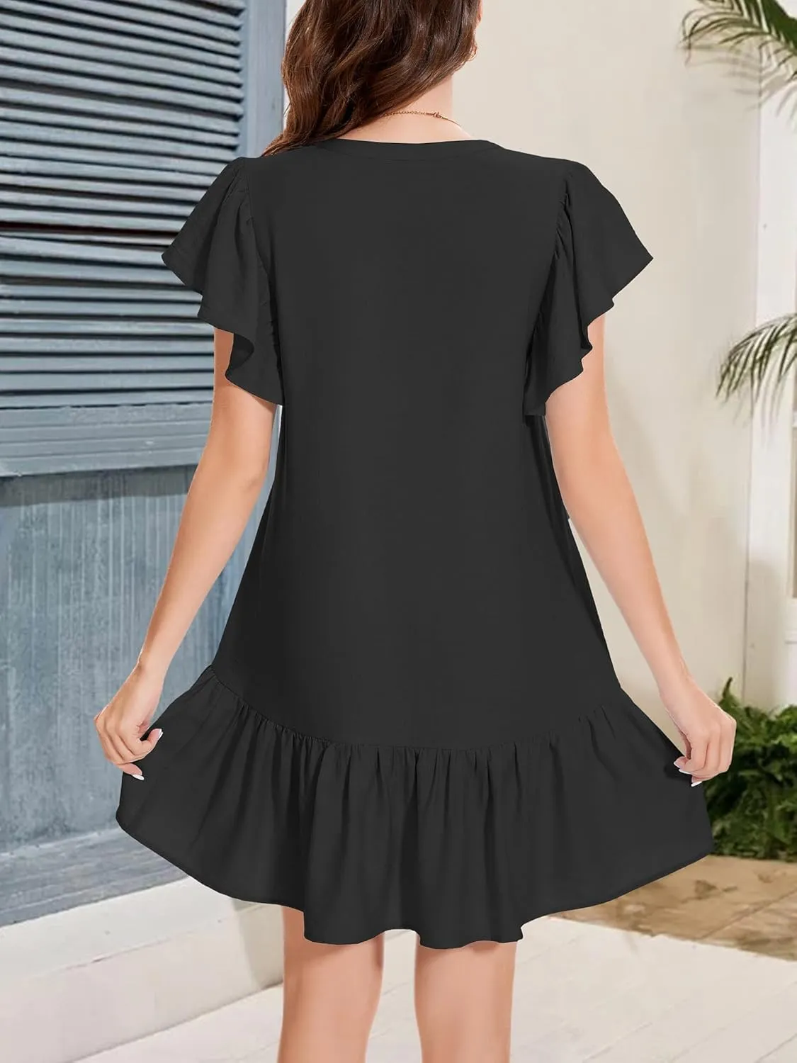 OURIN Womens Summer Dresses 2025 V Neck Button Down Ruffle Short Sleeve Pleated Shift Dress Mini Sundress