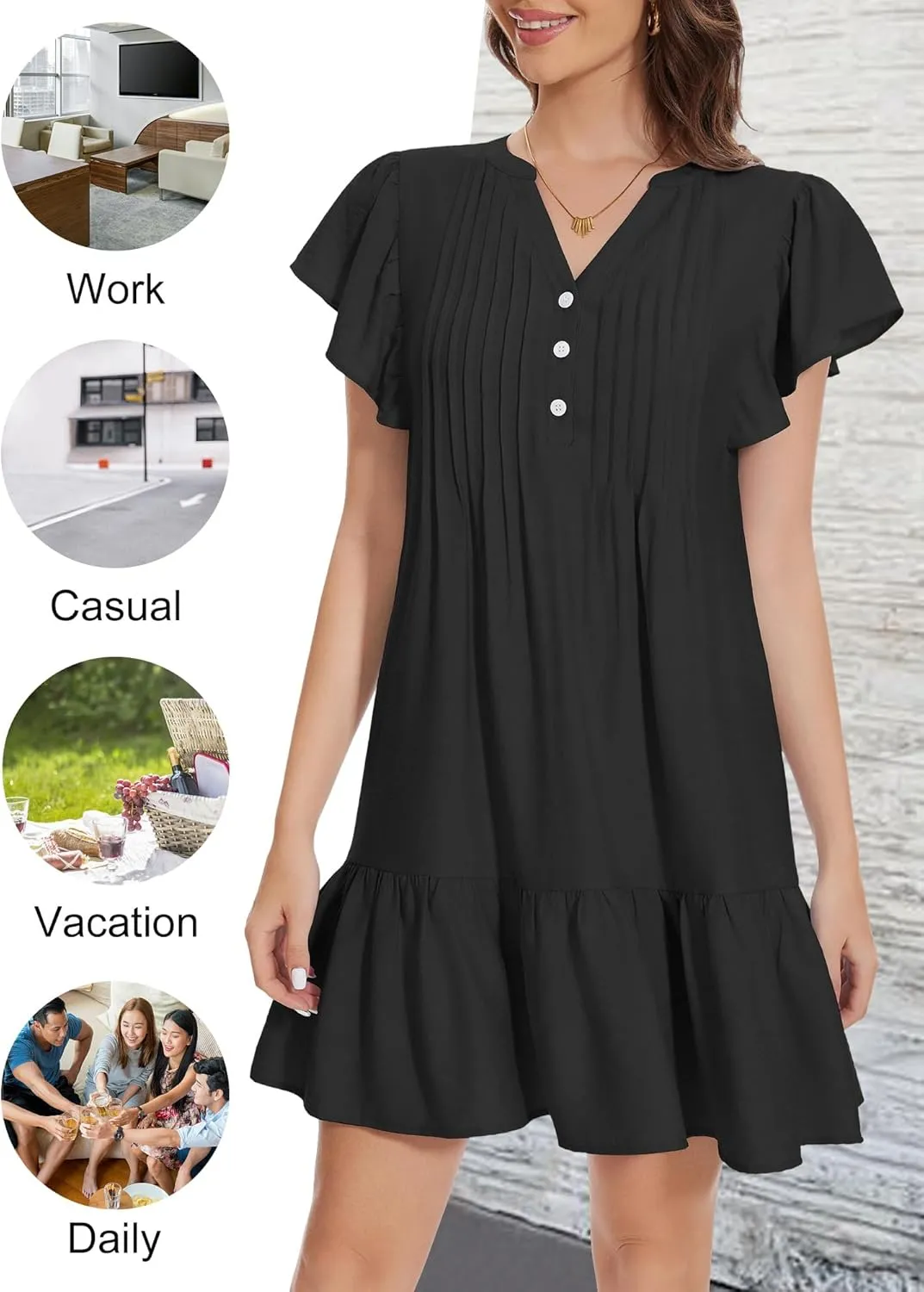OURIN Womens Summer Dresses 2025 V Neck Button Down Ruffle Short Sleeve Pleated Shift Dress Mini Sundress