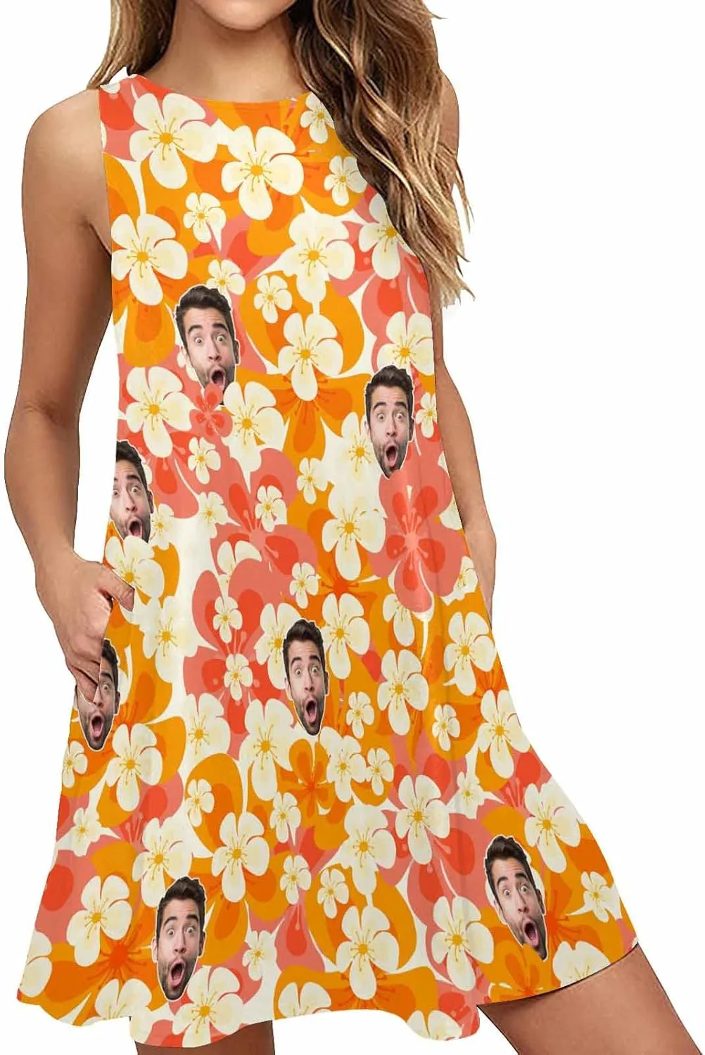 Personalized Women Summer Dresses Custom Faces Funny Sundress Hawaiian Dress Casual Beach Swing Dress with Pockets