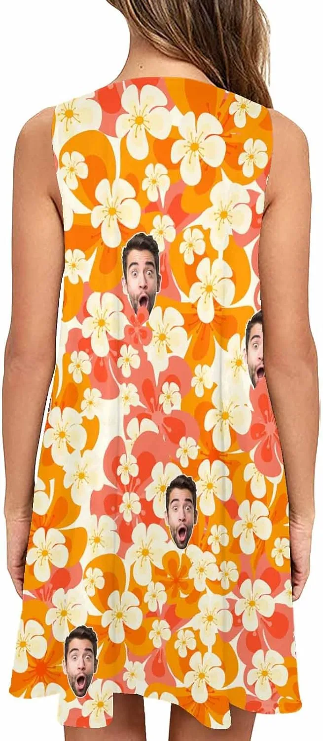 Personalized Women Summer Dresses Custom Faces Funny Sundress Hawaiian Dress Casual Beach Swing Dress with Pockets