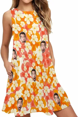 Personalized Women Summer Dresses Custom Faces Funny Sundress Hawaiian Dress Casual Beach Swing Dress with Pockets