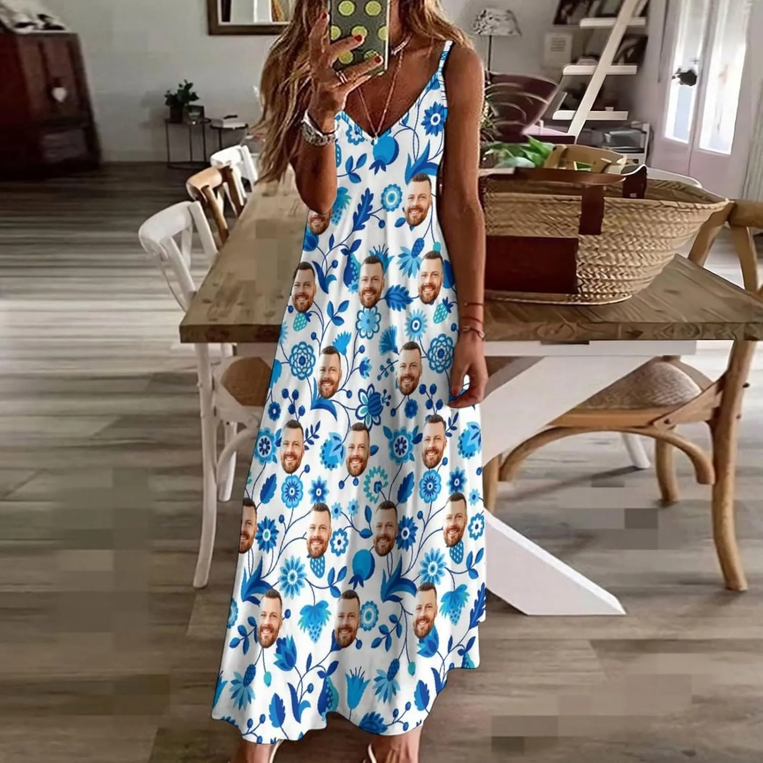 Personalized Women Summer Dresses Custom Faces Funny Sundress Hawaiian Dress Casual Beach Swing Dress with Pockets