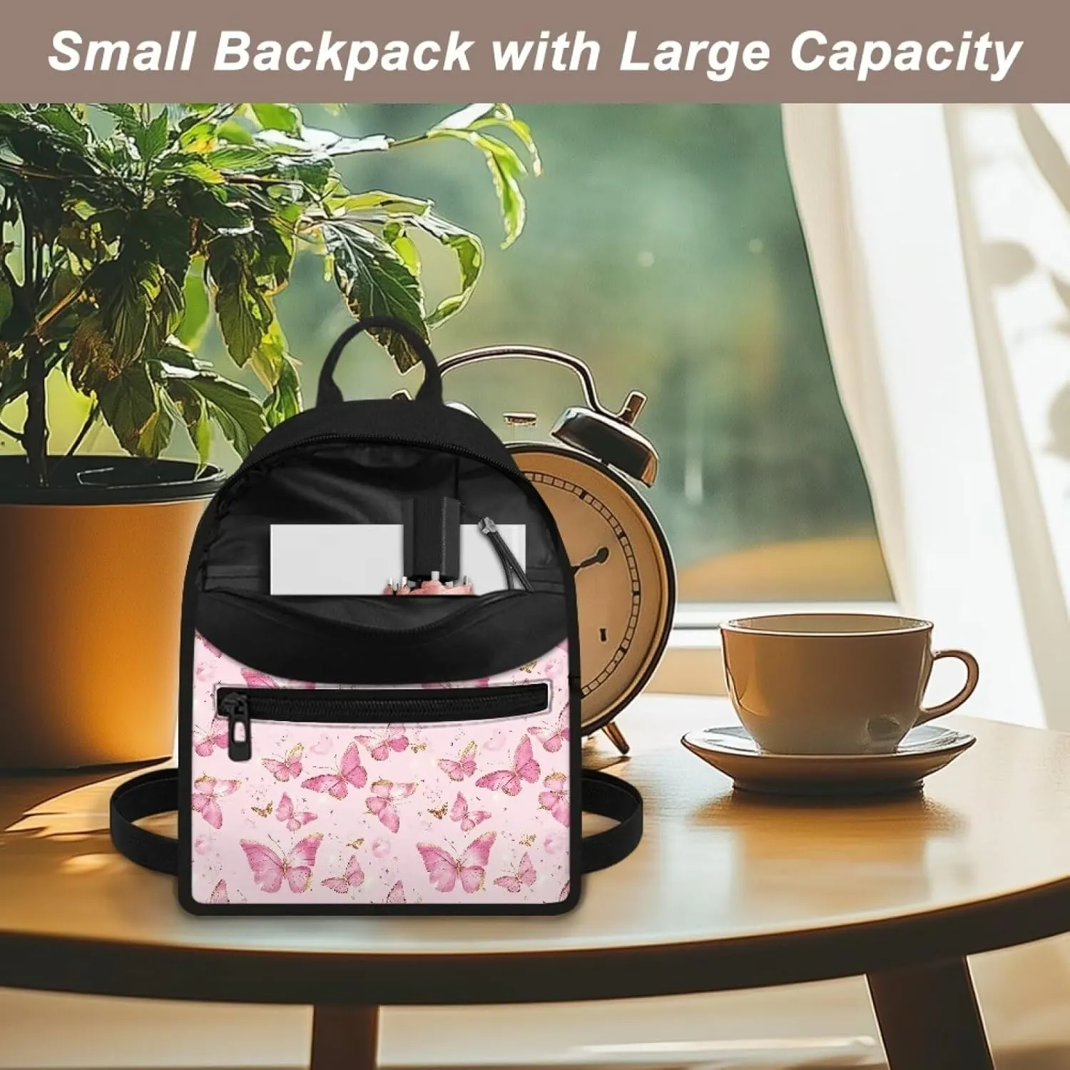Pink Butterfly Mini Backpack Back to School Bookbag with Zipper Compartment Lightweight Polyester PU Backpack Purse for Teens Waterproof Handbag for College Travel Gym Hiking