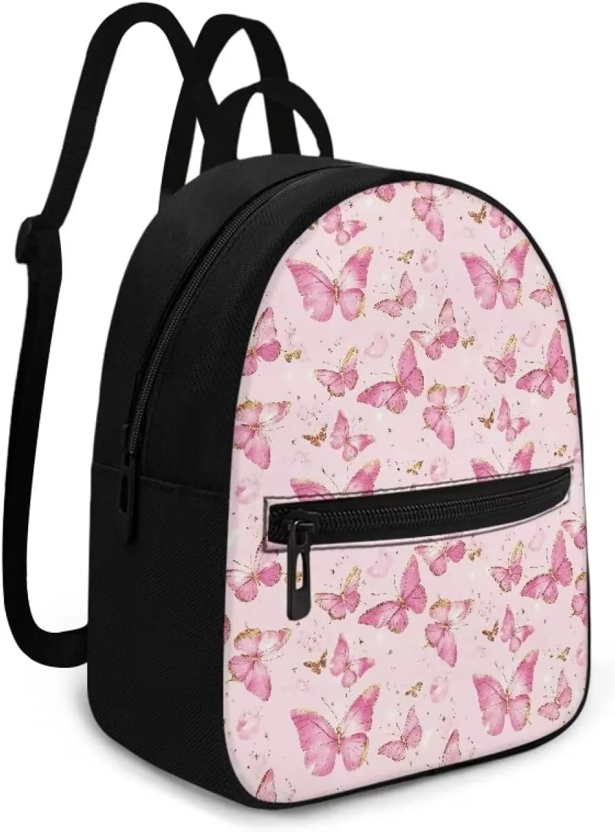 Pink Butterfly Mini Backpack Back to School Bookbag with Zipper Compartment Lightweight Polyester PU Backpack Purse for Teens Waterproof Handbag for College Travel Gym Hiking
