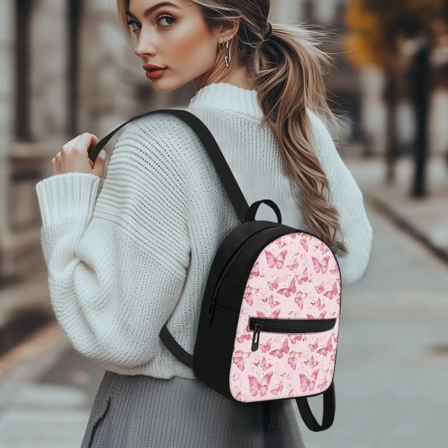 Pink Butterfly Mini Backpack Back to School Bookbag with Zipper Compartment Lightweight Polyester PU Backpack Purse for Teens Waterproof Handbag for College Travel Gym Hiking
