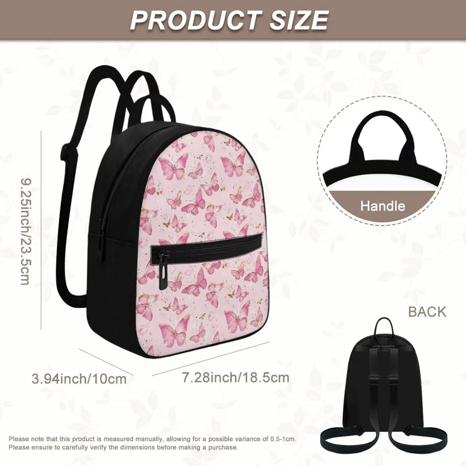 Pink Butterfly Mini Backpack Back to School Bookbag with Zipper Compartment Lightweight Polyester PU Backpack Purse for Teens Waterproof Handbag for College Travel Gym Hiking