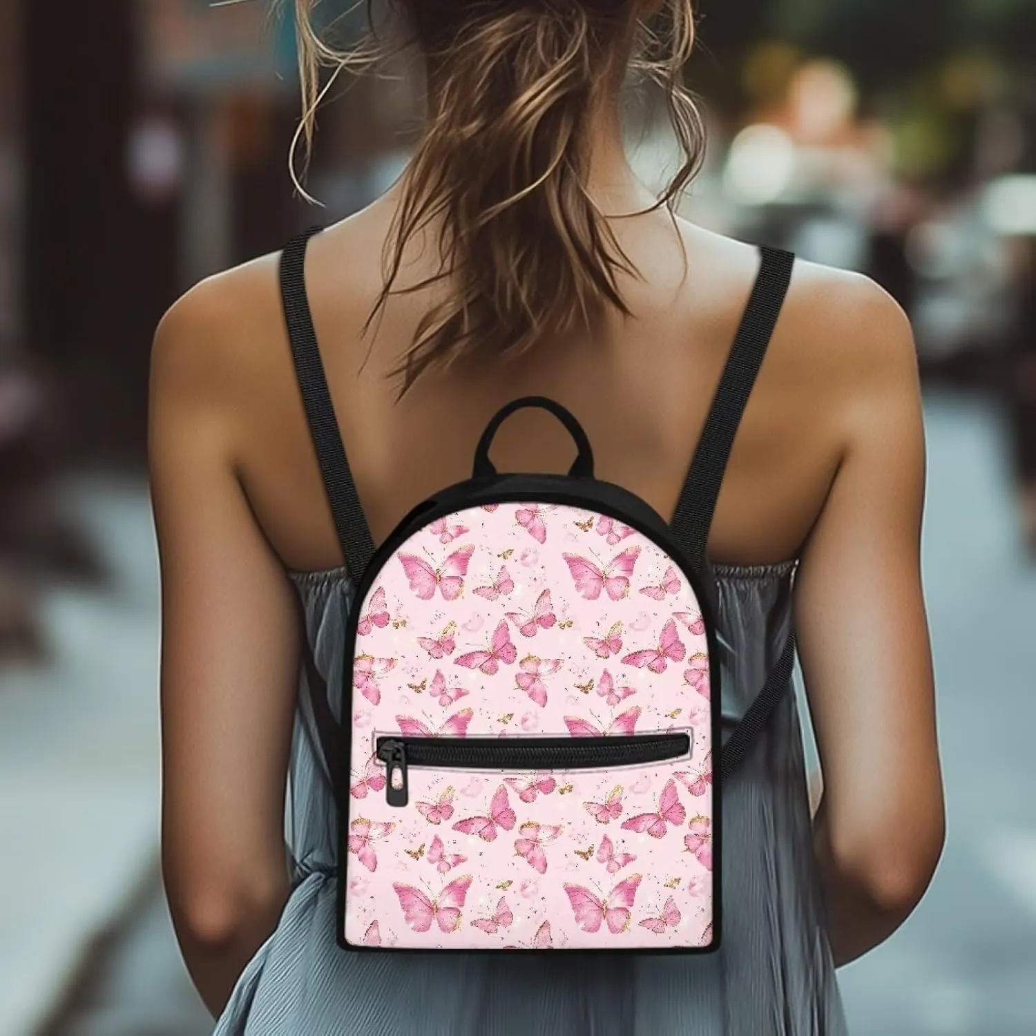 Pink Butterfly Mini Backpack Back to School Bookbag with Zipper Compartment Lightweight Polyester PU Backpack Purse for Teens Waterproof Handbag for College Travel Gym Hiking