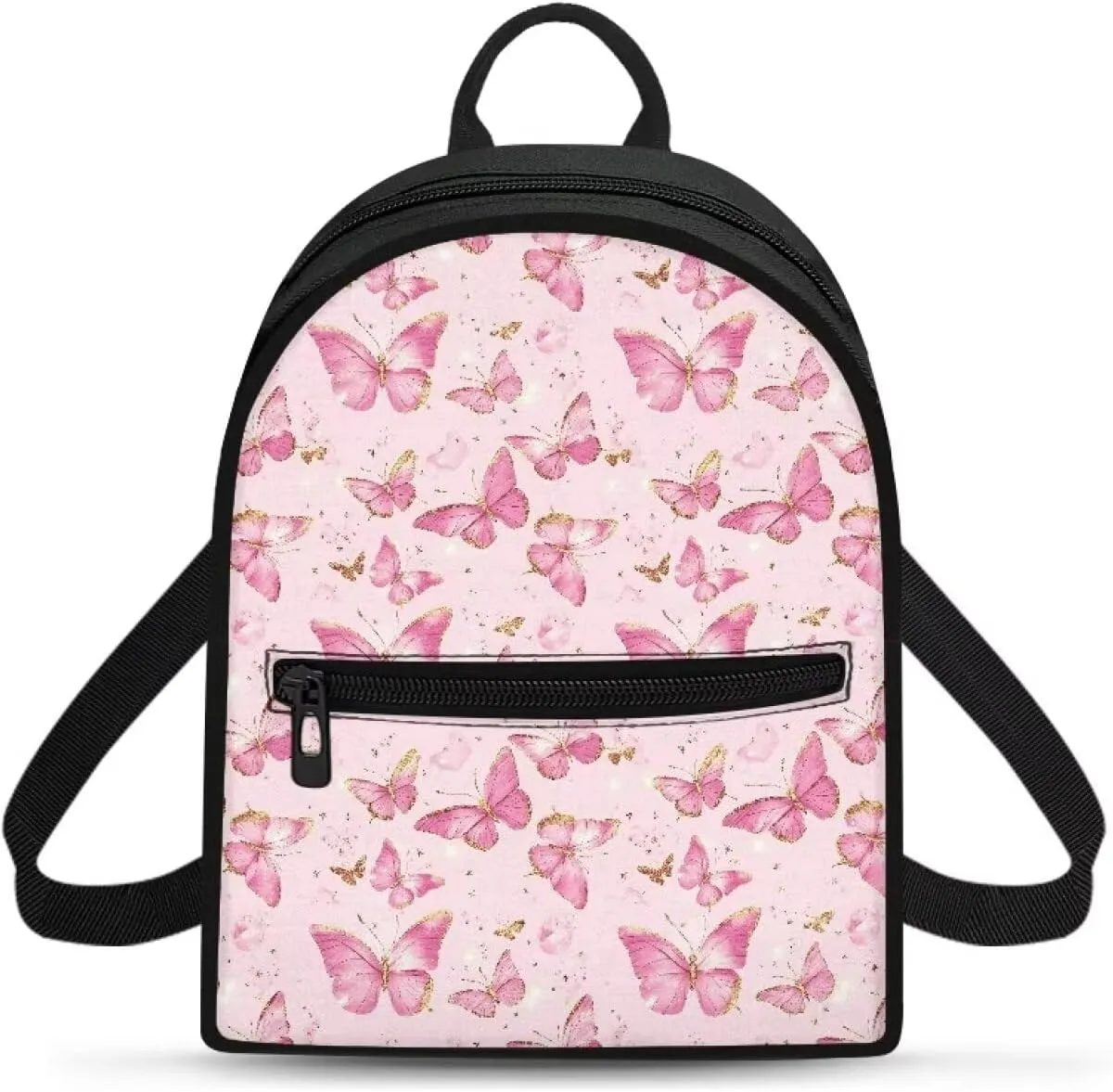Pink Butterfly Mini Backpack Back to School Bookbag with Zipper Compartment Lightweight Polyester PU Backpack Purse for Teens Waterproof Handbag for College Travel Gym Hiking