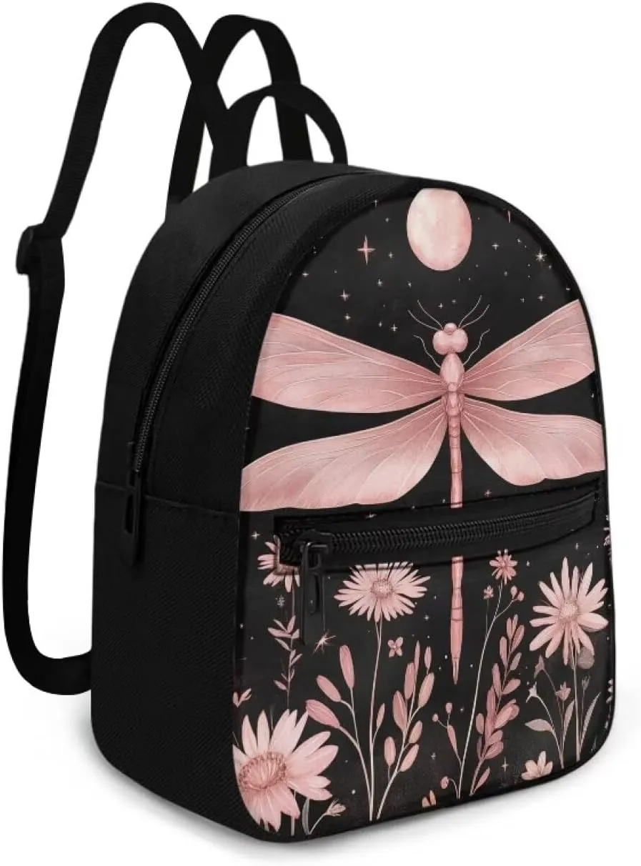 Pink Dragonfly Backpack Purse for Women Moon Portable Mini Backpack for Travel Gym Hiking Pinnk Floral Waterproof Mini Diaper Bag for Outdoor with Multiple Pockets