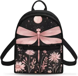 Pink Dragonfly Backpack Purse for Women Moon Portable Mini Backpack for Travel Gym Hiking Pinnk Floral Waterproof Mini Diaper Bag for Outdoor with Multiple Pockets