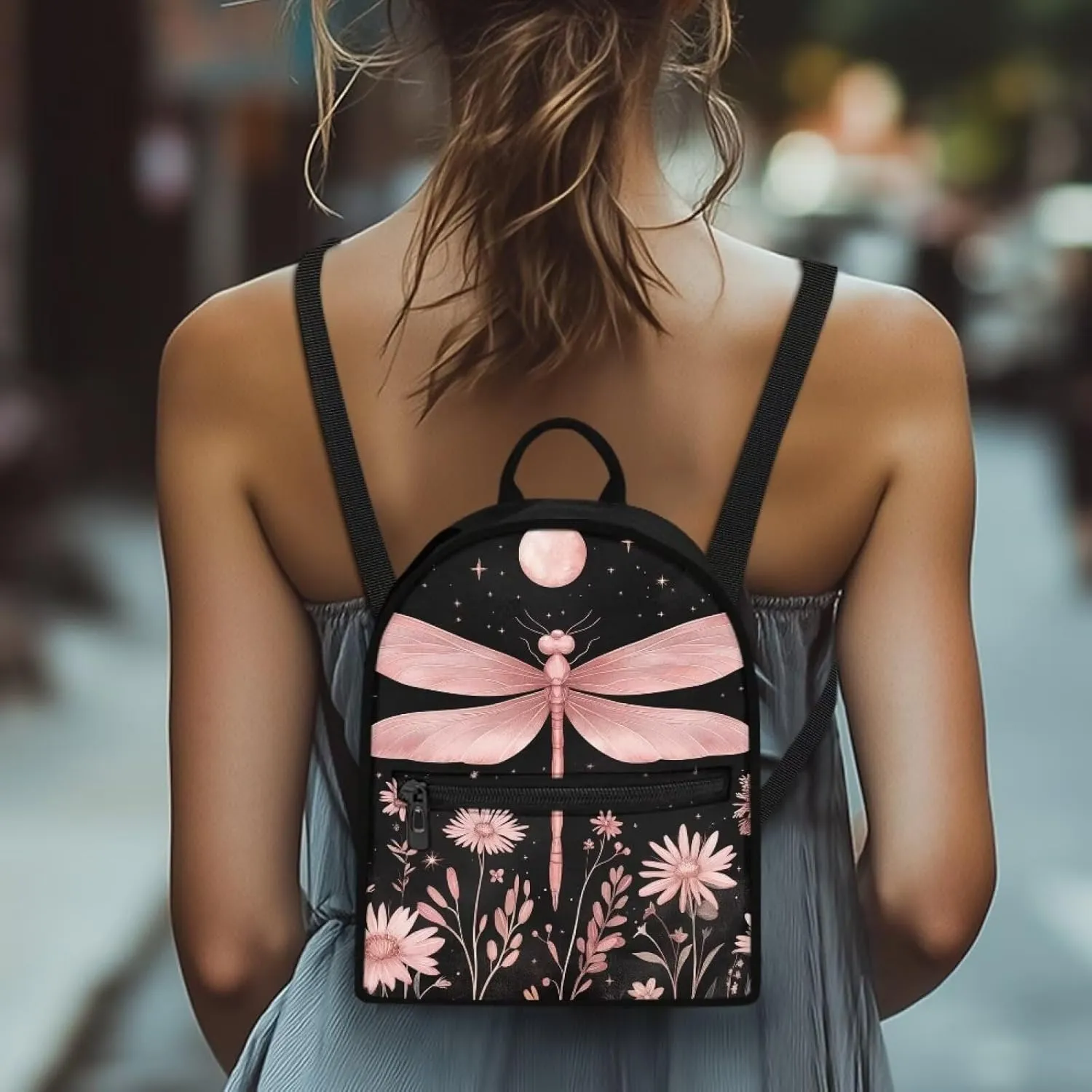 Pink Dragonfly Backpack Purse for Women Moon Portable Mini Backpack for Travel Gym Hiking Pinnk Floral Waterproof Mini Diaper Bag for Outdoor with Multiple Pockets