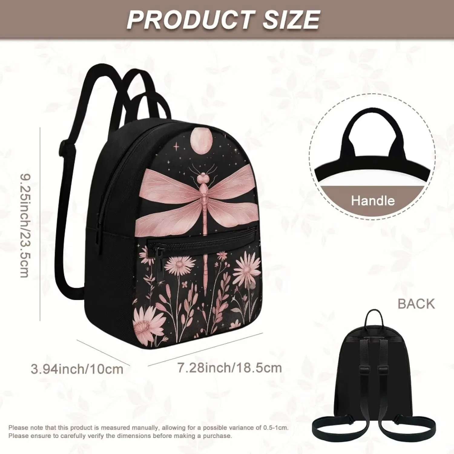 Pink Dragonfly Backpack Purse for Women Moon Portable Mini Backpack for Travel Gym Hiking Pinnk Floral Waterproof Mini Diaper Bag for Outdoor with Multiple Pockets