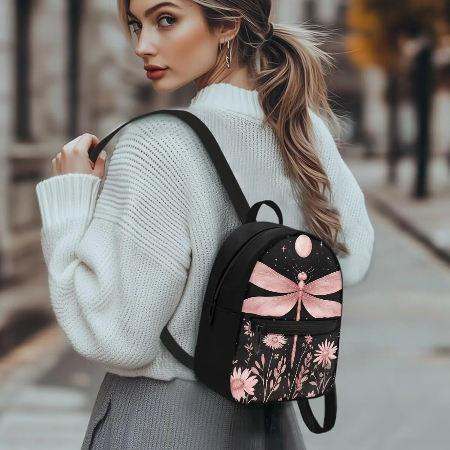 Pink Dragonfly Backpack Purse for Women Moon Portable Mini Backpack for Travel Gym Hiking Pinnk Floral Waterproof Mini Diaper Bag for Outdoor with Multiple Pockets