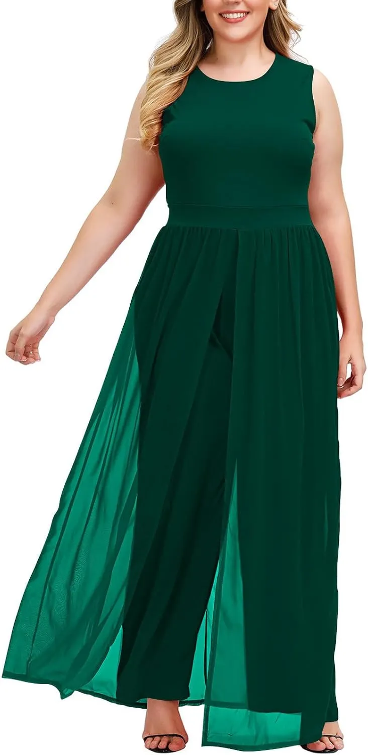 Pink Queen Women's Plus Size Sleeveless Tank Top Wide Leg Long Pants Chiffon Overlay Party Jumpsuit