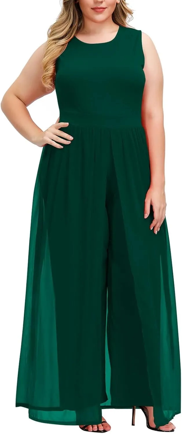 Pink Queen Women's Plus Size Sleeveless Tank Top Wide Leg Long Pants Chiffon Overlay Party Jumpsuit