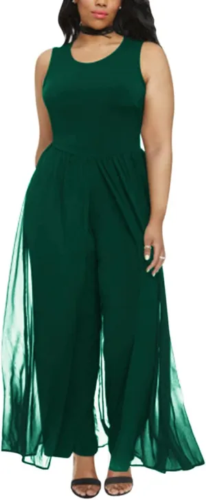 Pink Queen Women's Plus Size Sleeveless Tank Top Wide Leg Long Pants Chiffon Overlay Party Jumpsuit