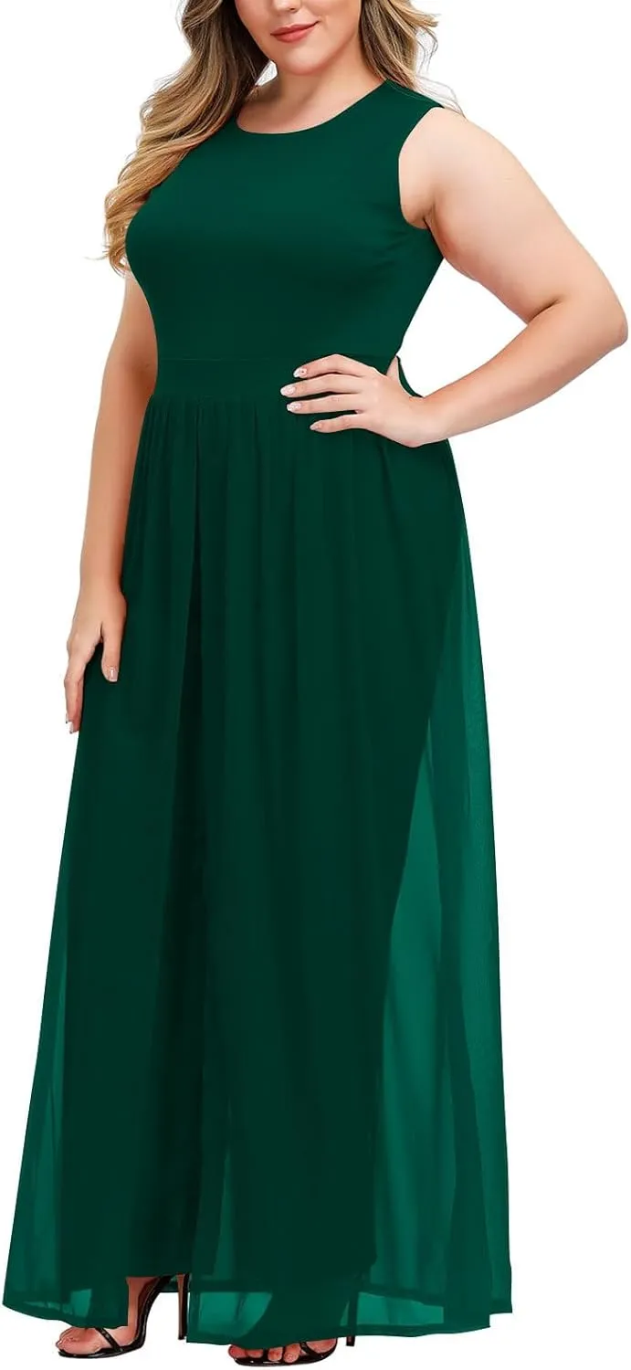 Pink Queen Women's Plus Size Sleeveless Tank Top Wide Leg Long Pants Chiffon Overlay Party Jumpsuit