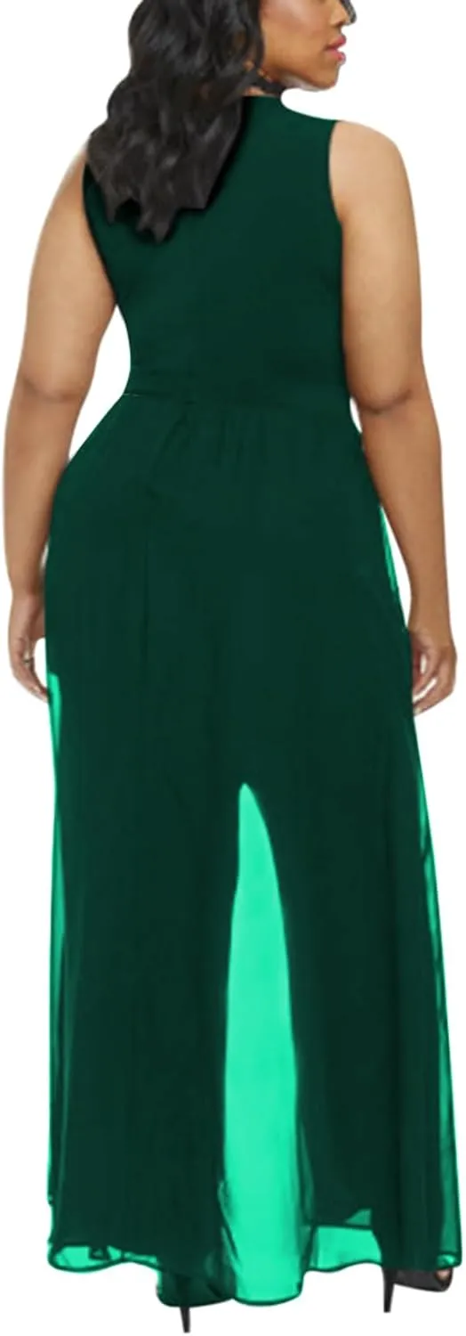 Pink Queen Women's Plus Size Sleeveless Tank Top Wide Leg Long Pants Chiffon Overlay Party Jumpsuit