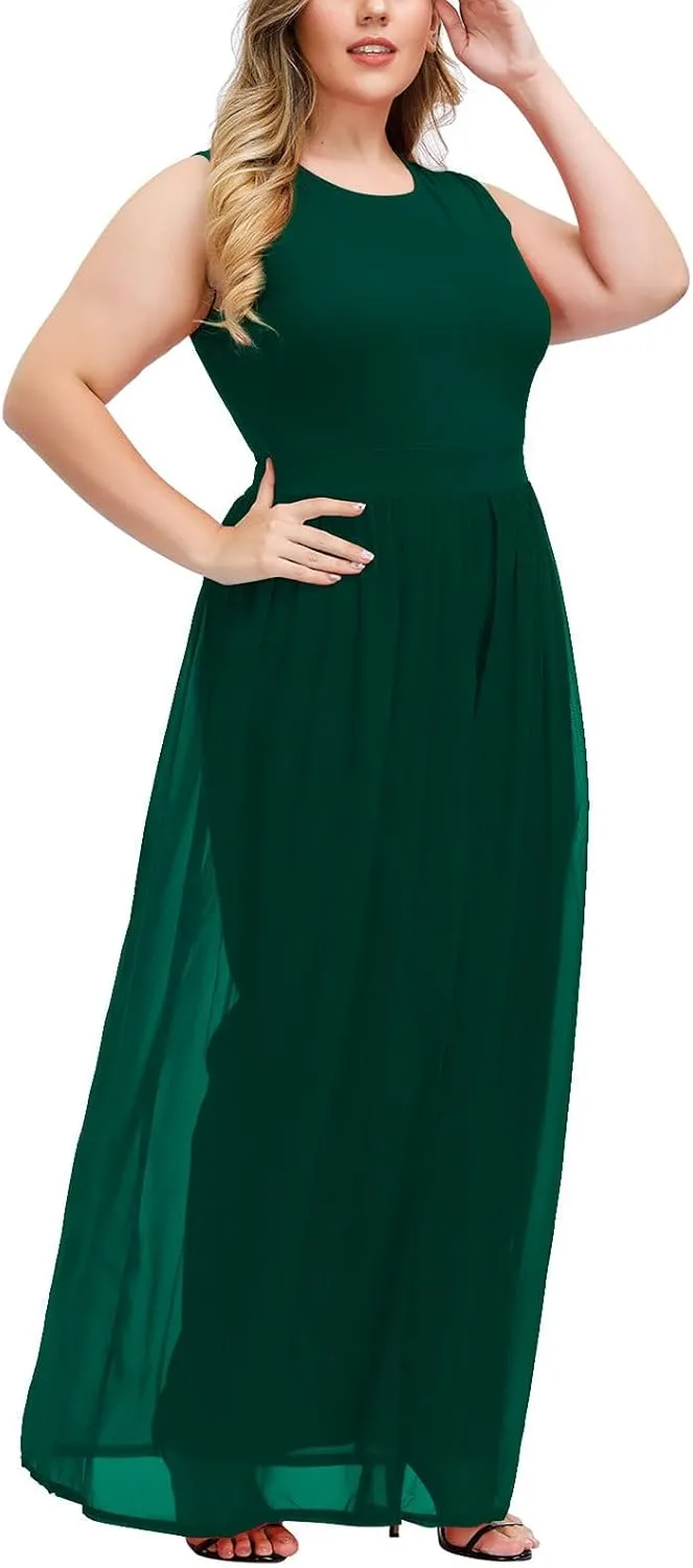 Pink Queen Women's Plus Size Sleeveless Tank Top Wide Leg Long Pants Chiffon Overlay Party Jumpsuit