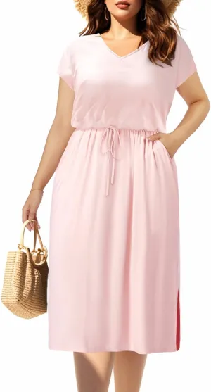 Pinup Fashion Women Plus Size Summer Dresses - Casual Work T Shirt V Neck Midi Dress with Pockets