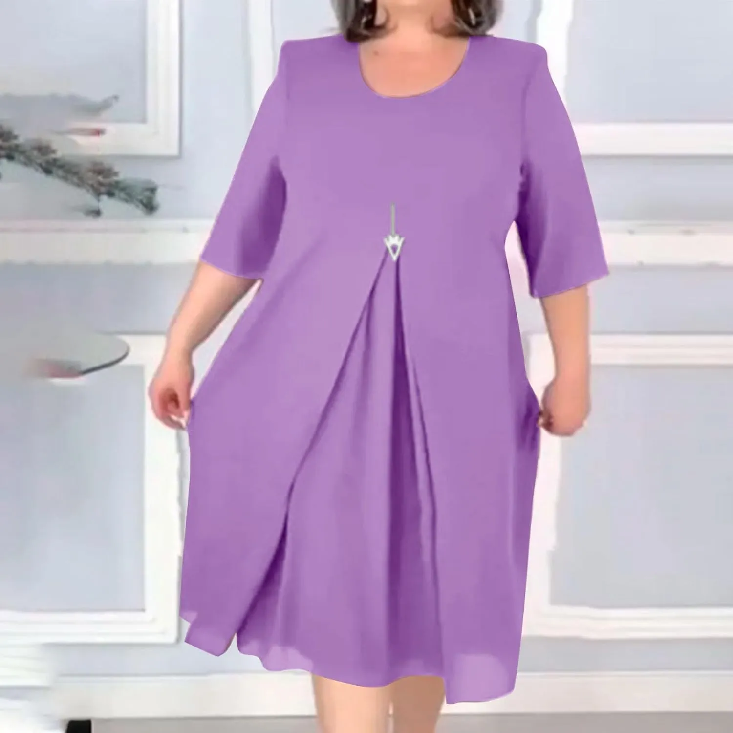 Plus Size Dresses for Women Solid Color Crewneck 3/4 Sleeve Summer Midi Dress Elegant Casual Pleated Chiffon Dress