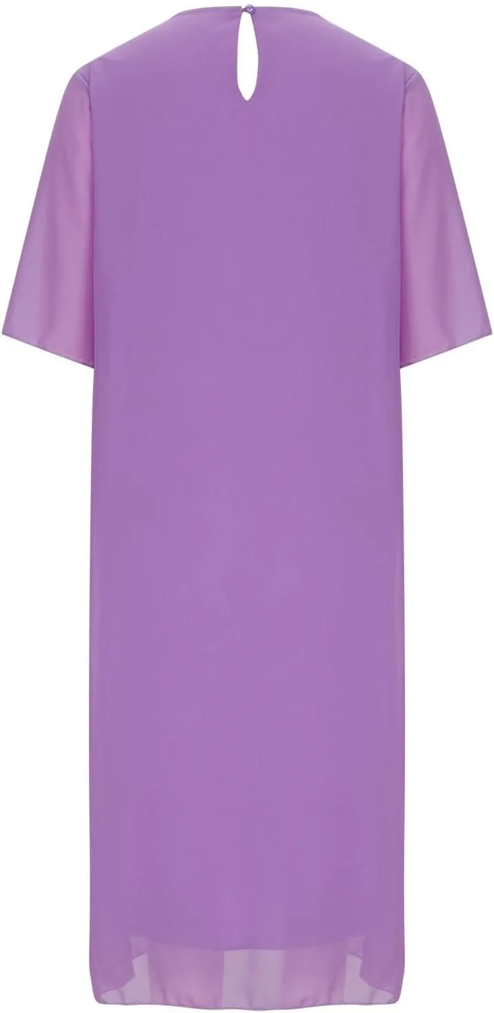 Plus Size Dresses for Women Solid Color Crewneck 3/4 Sleeve Summer Midi Dress Elegant Casual Pleated Chiffon Dress