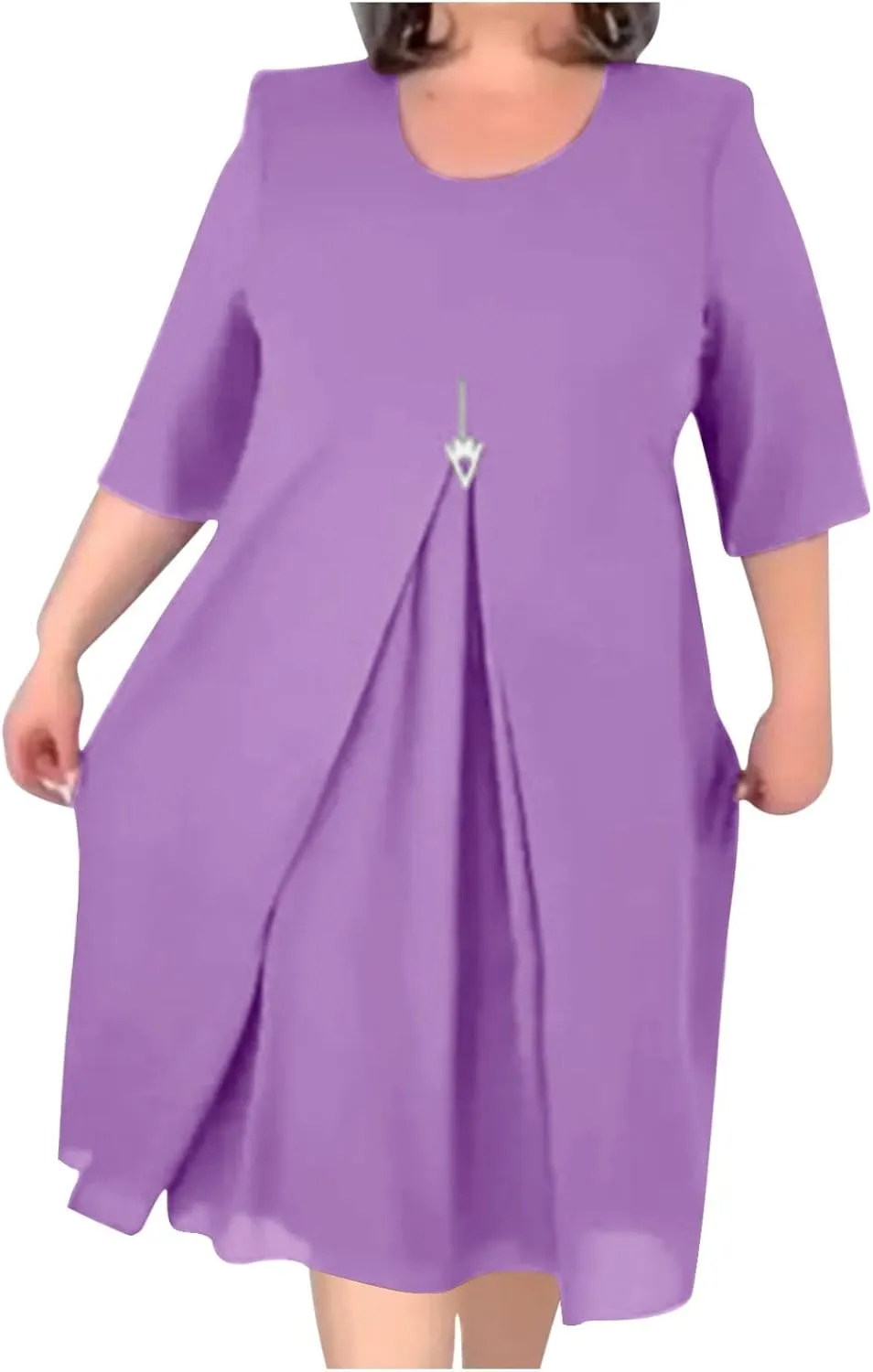Plus Size Dresses for Women Solid Color Crewneck 3/4 Sleeve Summer Midi Dress Elegant Casual Pleated Chiffon Dress