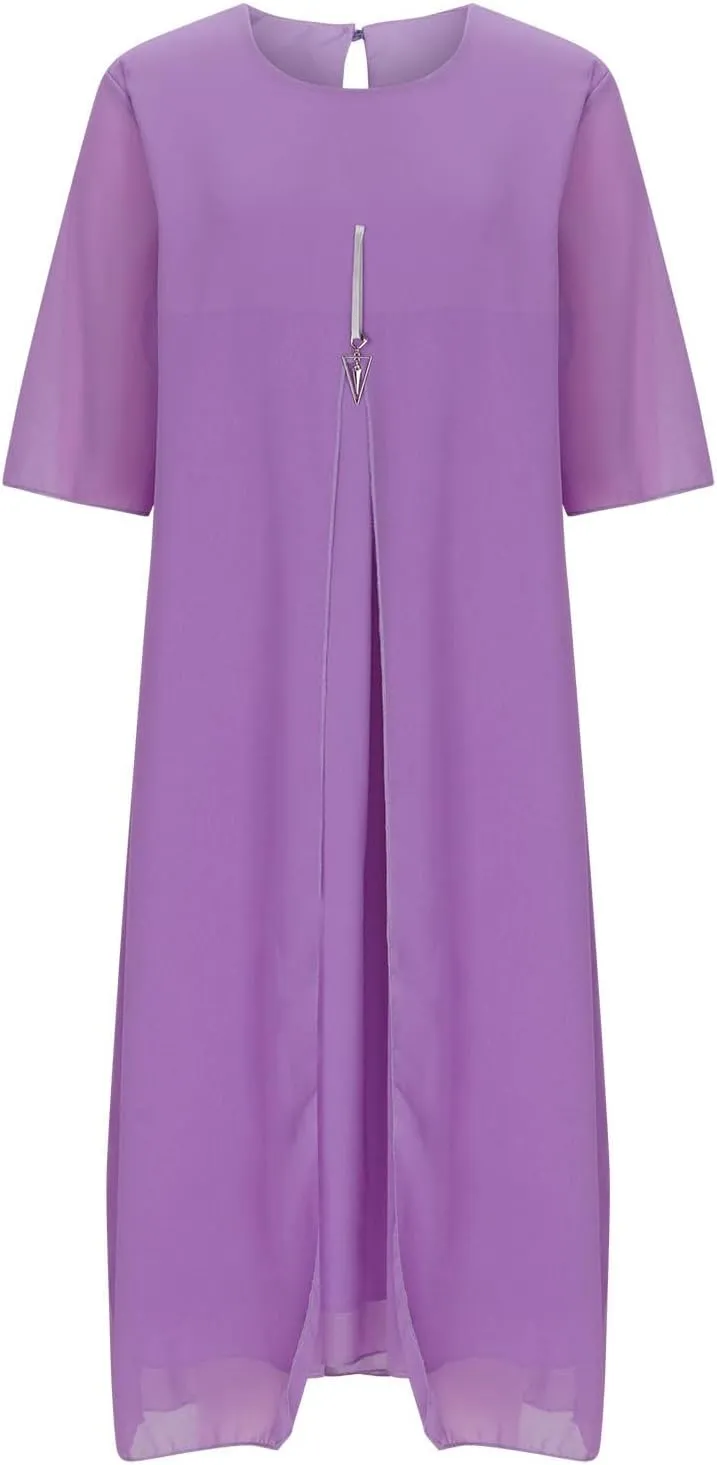 Plus Size Dresses for Women Solid Color Crewneck 3/4 Sleeve Summer Midi Dress Elegant Casual Pleated Chiffon Dress