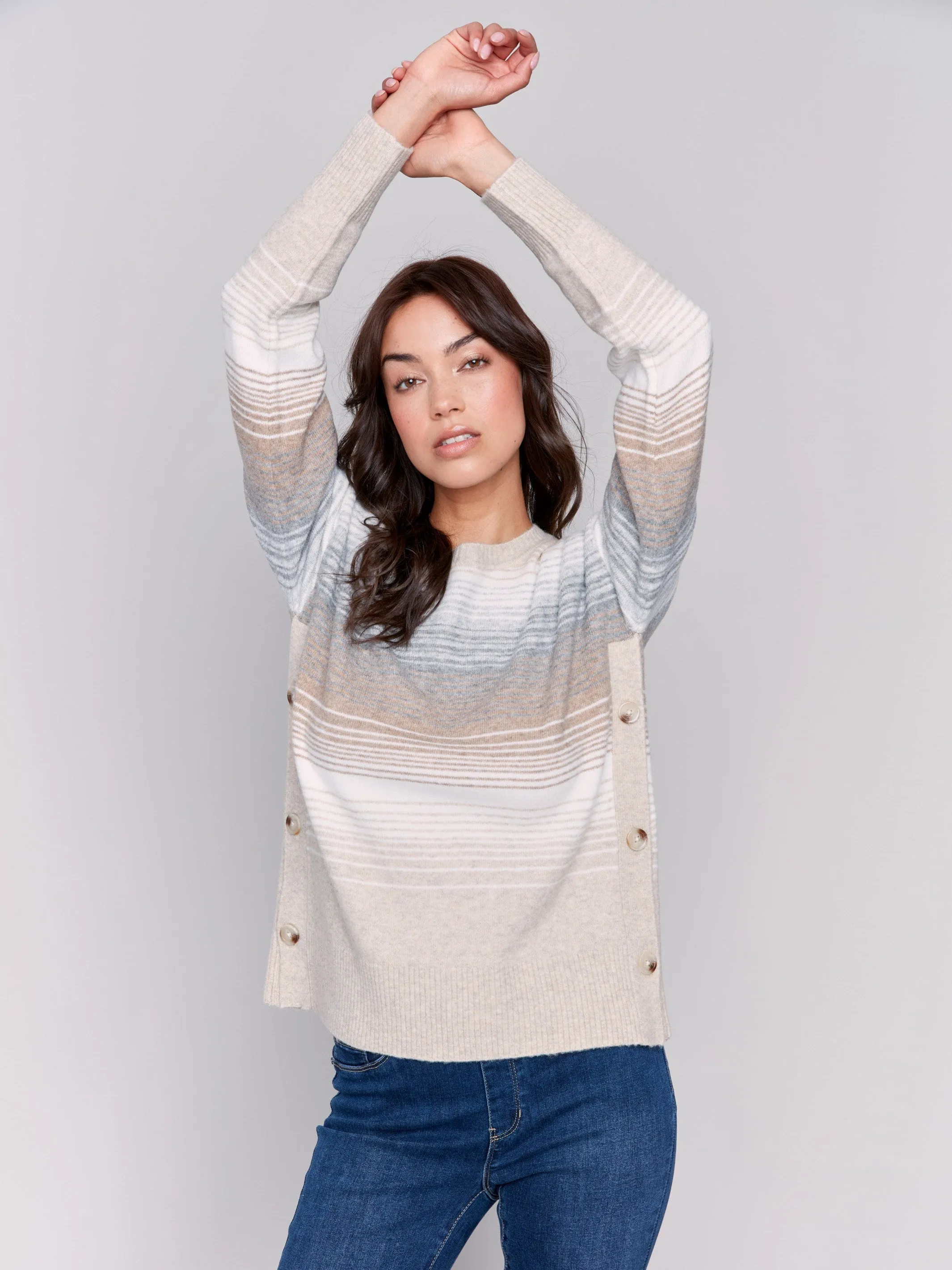 Printed Sweater With Side Buttons - Stripes