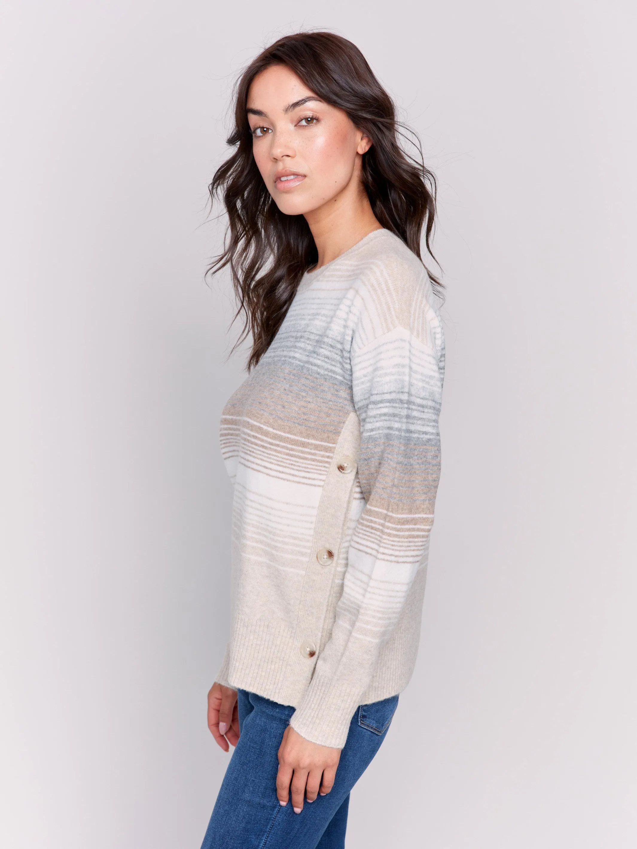Printed Sweater With Side Buttons - Stripes