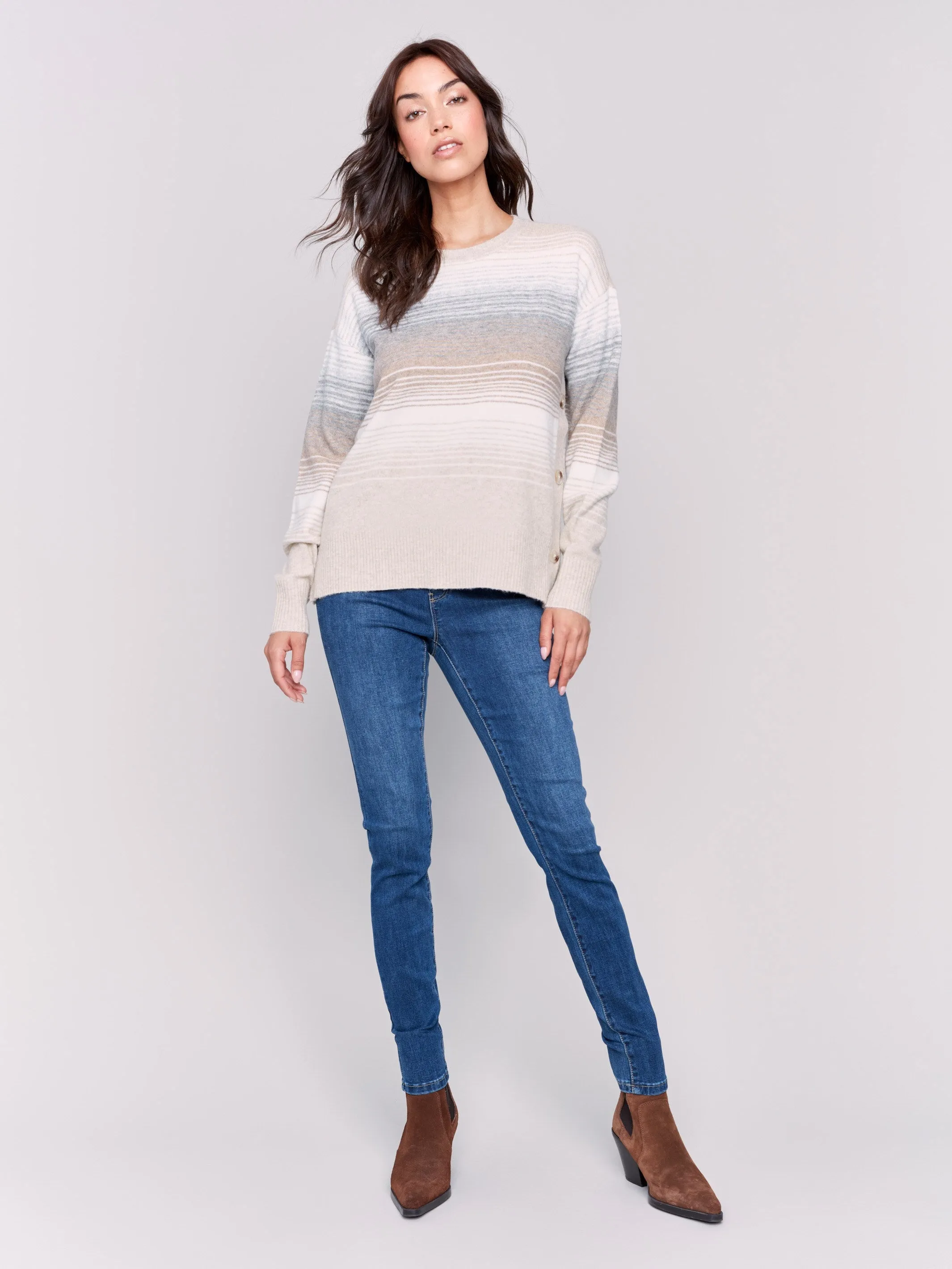 Printed Sweater With Side Buttons - Stripes