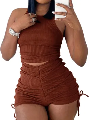PYAEAS Summer Two Piece Outfits for Women, Casual Stretchy Ribbed Tank Crop Top Ruched Shorts Set Workout Tracksuits