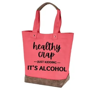 "Healthy crap" quality canvas cotton funny, shopping, travel, gift cute reusable womens all occasion tote bag (One Size, Paradise pink)