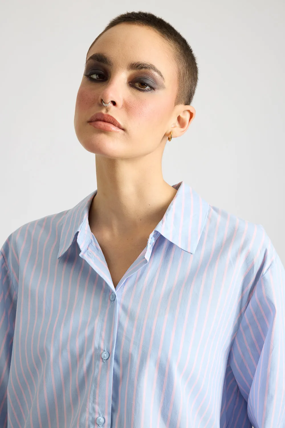 Relaxed Fit Cotton Women's Blue Shirt With Pink Stripes