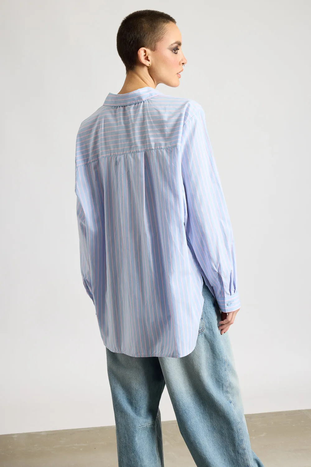 Relaxed Fit Cotton Women's Blue Shirt With Pink Stripes
