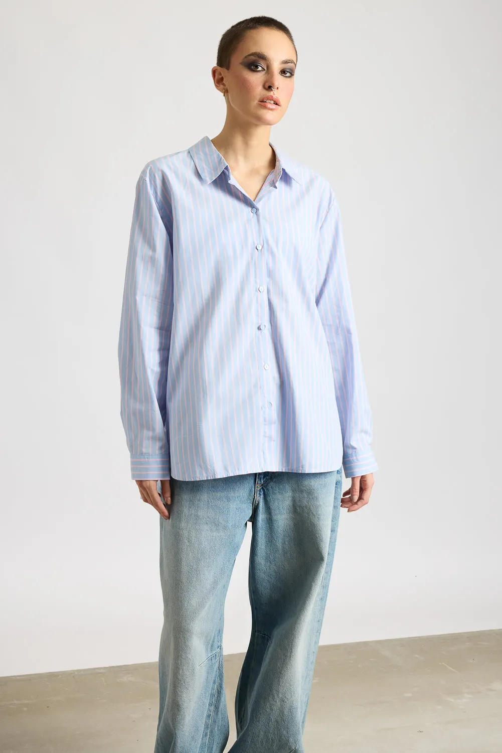 Relaxed Fit Cotton Women's Blue Shirt With Pink Stripes