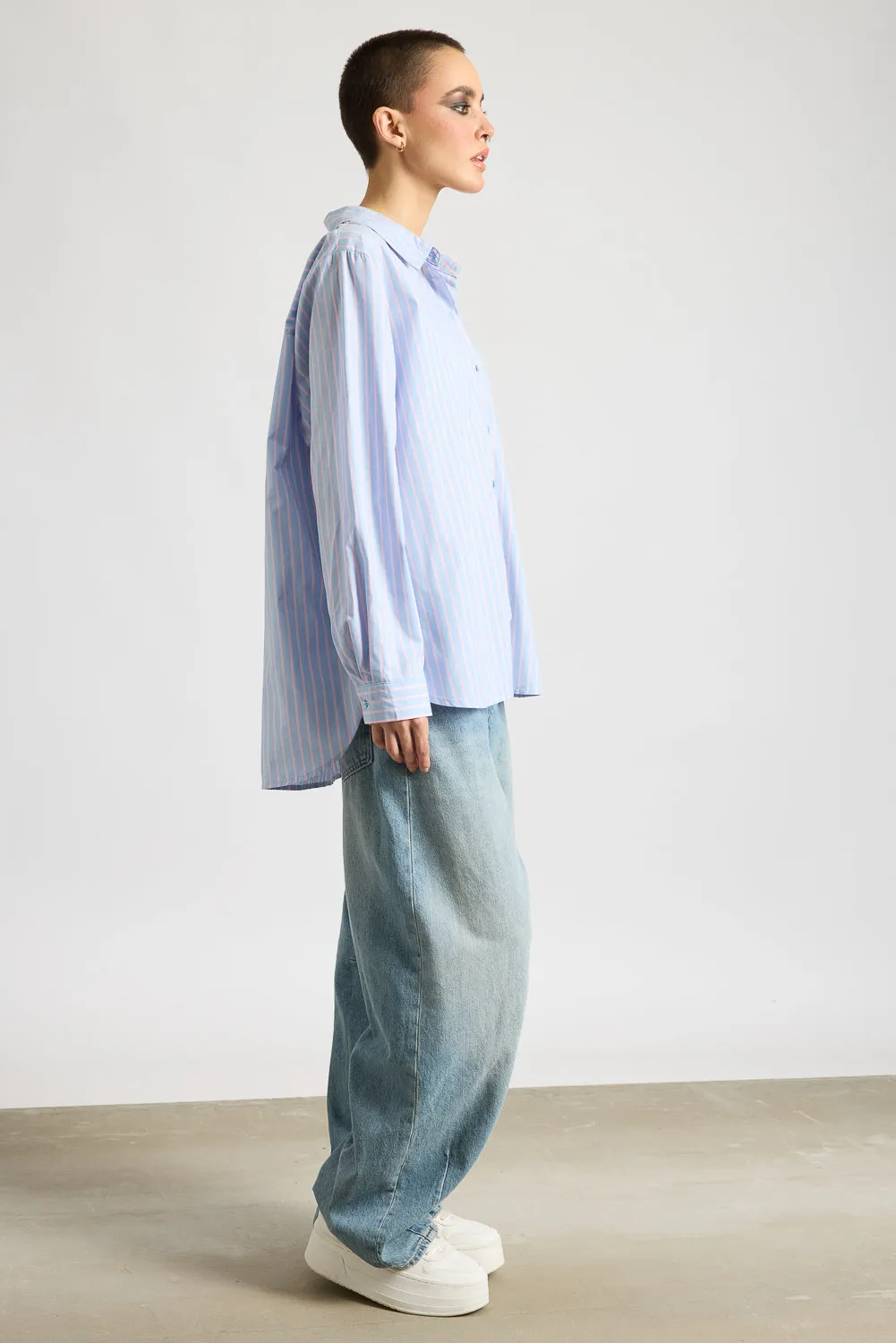 Relaxed Fit Cotton Women's Blue Shirt With Pink Stripes