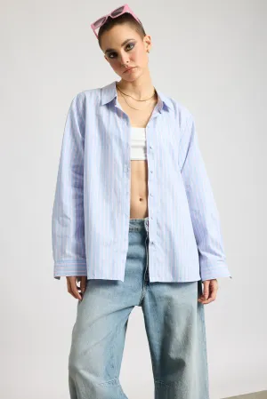 Relaxed Fit Cotton Women's Blue Shirt With Pink Stripes