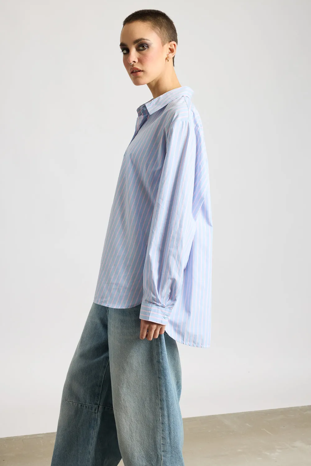 Relaxed Fit Cotton Women's Blue Shirt With Pink Stripes