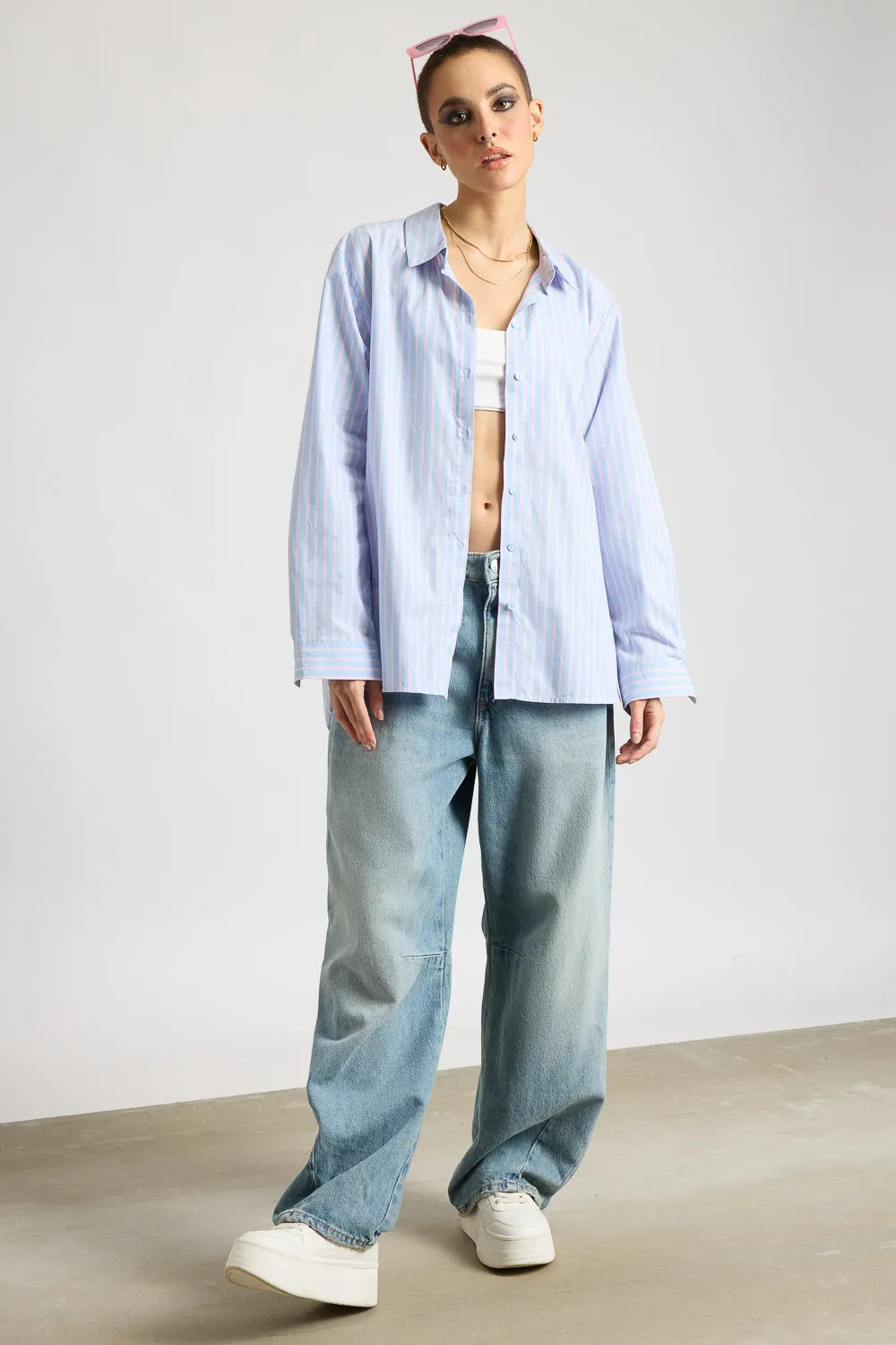 Relaxed Fit Cotton Women's Blue Shirt With Pink Stripes