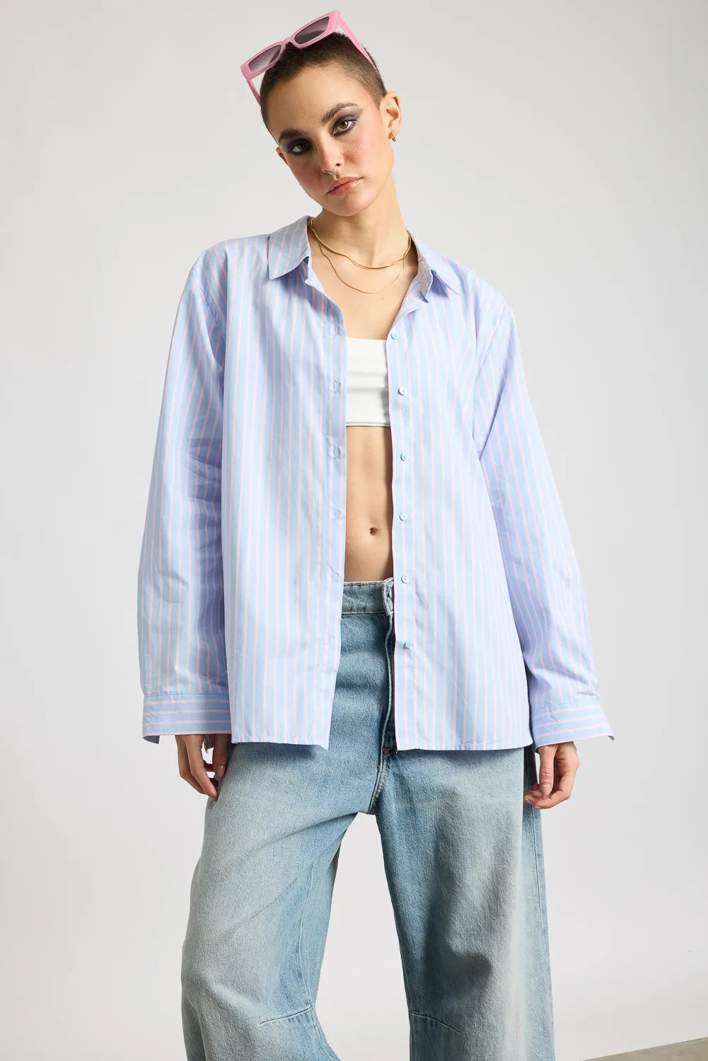Relaxed Fit Cotton Women's Blue Shirt With Pink Stripes